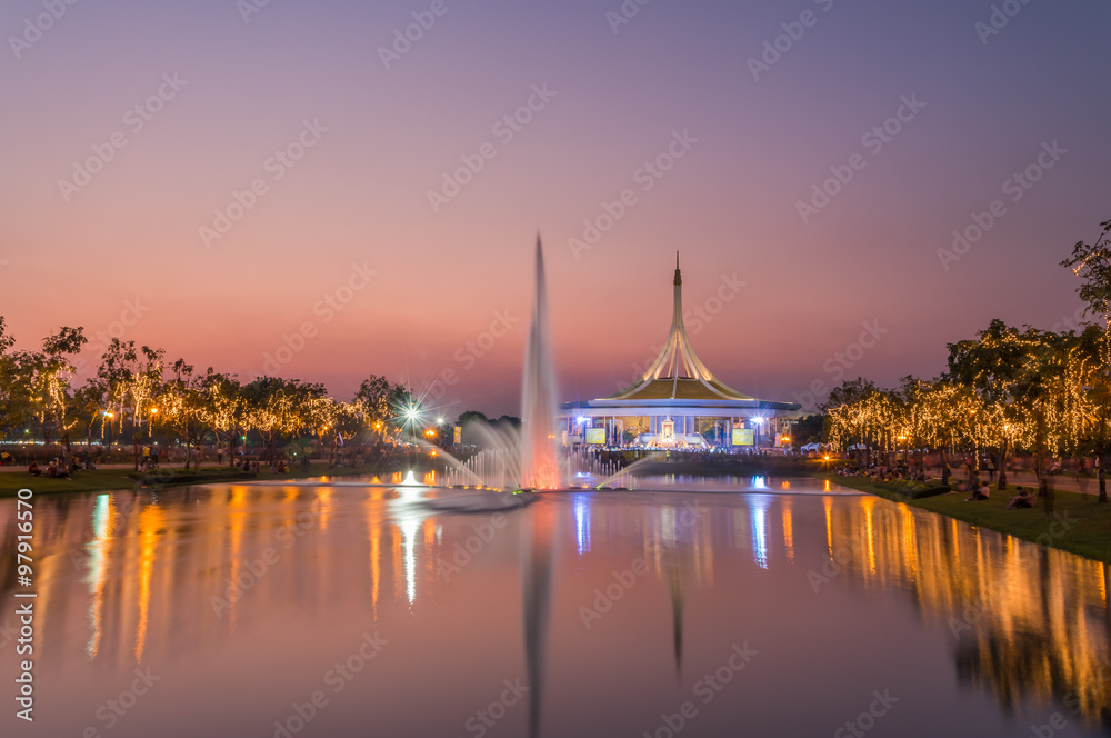 Beautiful building in public park with twilight sky. Suanluang Rama 9, Thailand.