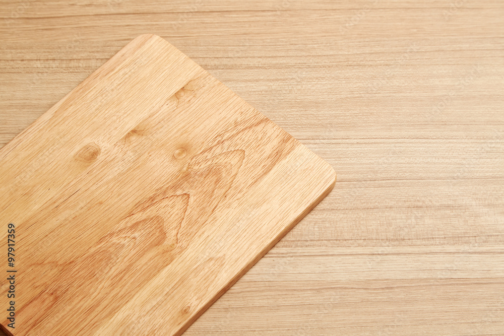 Empty cutting board on planks food background concept Empty cutting board on planks food background concept