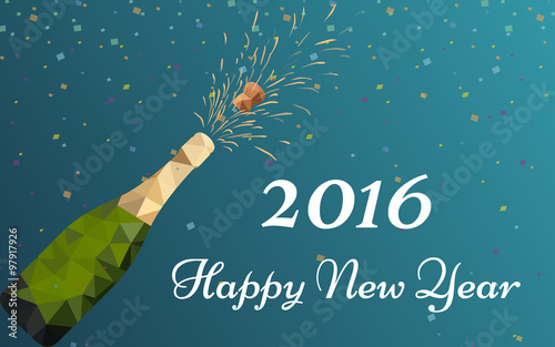Happy new year 2016 and champagne explosion in polygon pattern design on blue background (vector)