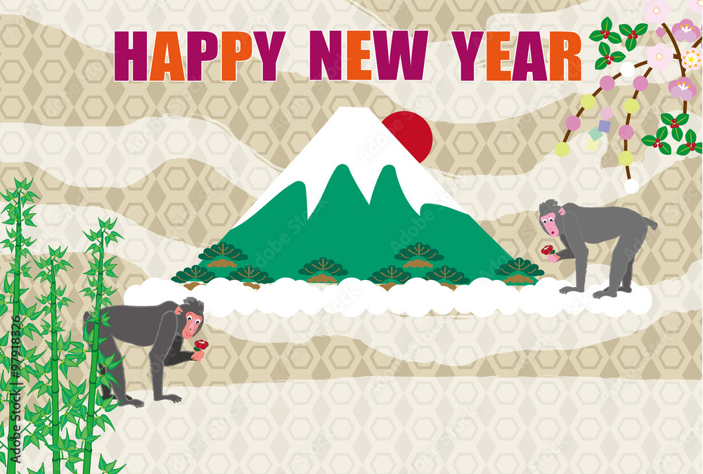 ポップなサルと富士山と日の出のイラスト年賀状テンプレート Stock Illustration Adobe Stock