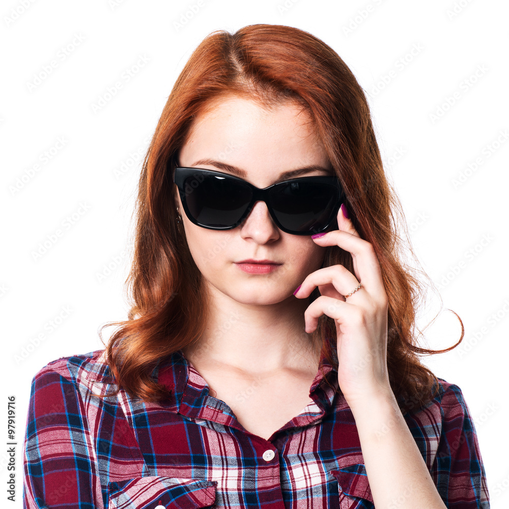 Close-up portrait of a pensive girl with dark glasses. Close-up portrait of a pensive girl with dark glasses.