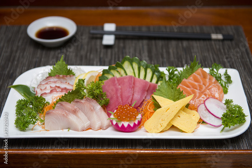 sashimi sets japanese food in restaurant