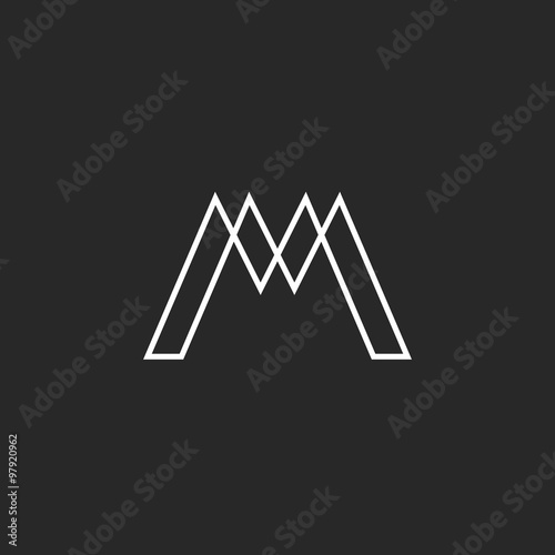 Logo M letter monogram, thin line weaving geometric shape, mockup hipster design element