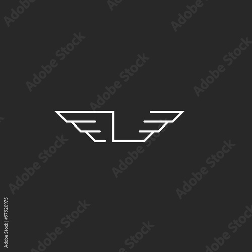 Letter L logo wings monogram, graphic shape thin line design element, mockup hipster business card emblem