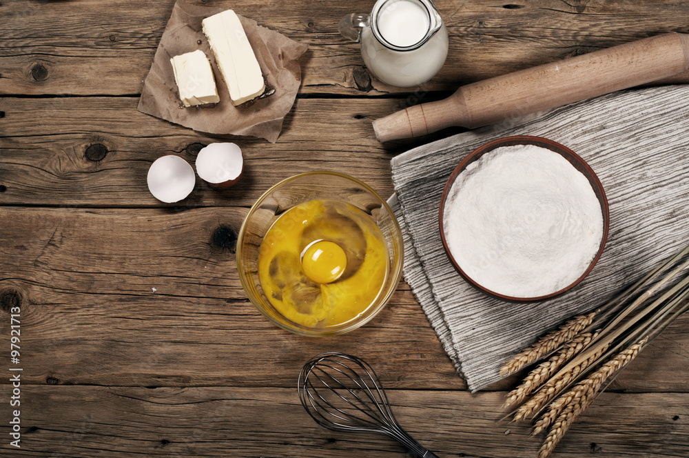 Baking ingredients (milk, eggs, flour, butter)