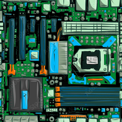 Hand drawn motherboard seamless pattern