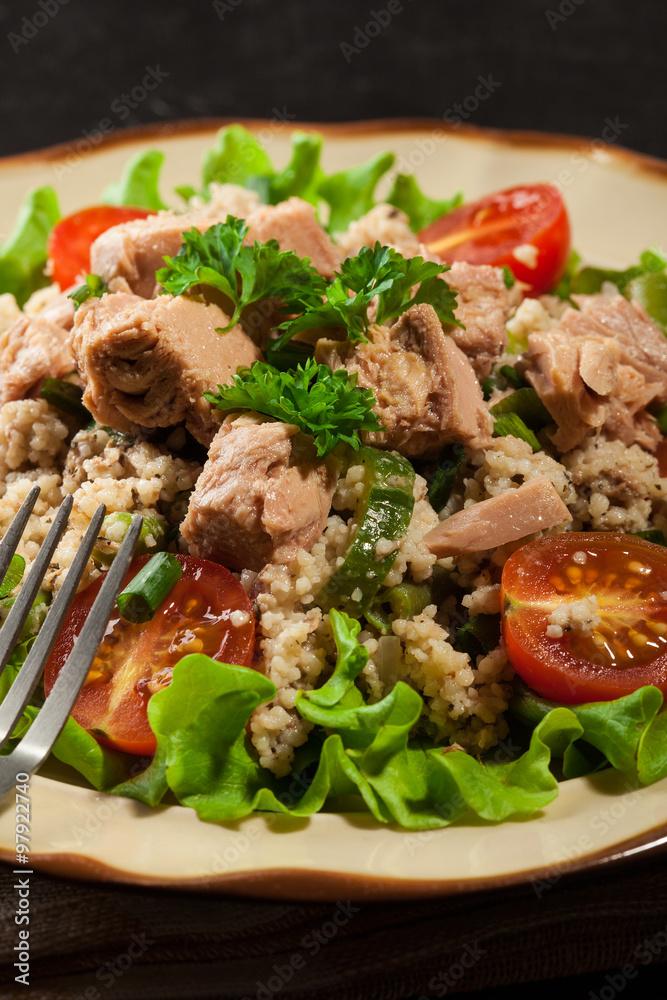 Tasty salad with couscous, tuna and vegetables Tasty salad with couscous, tuna and vegetables