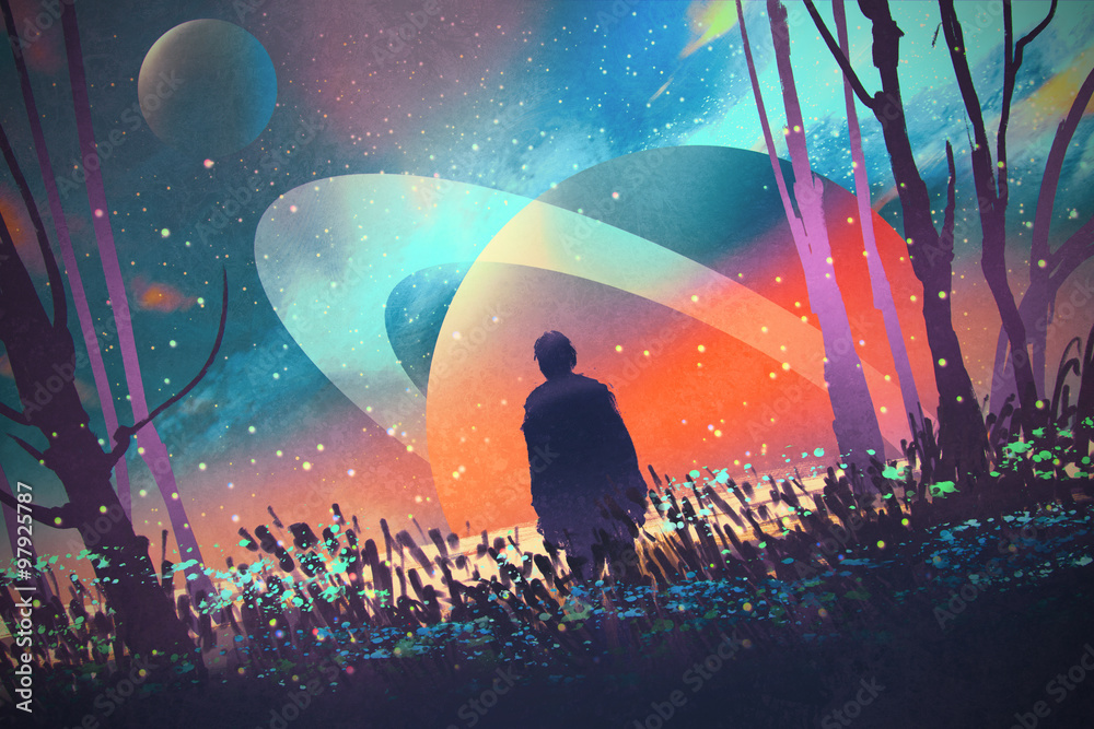 Fototapeta premium man standing alone in forest with fictional planets background,illustration