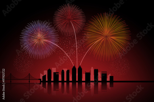 Fireworks over cityscape skyline - a vector illustration.
