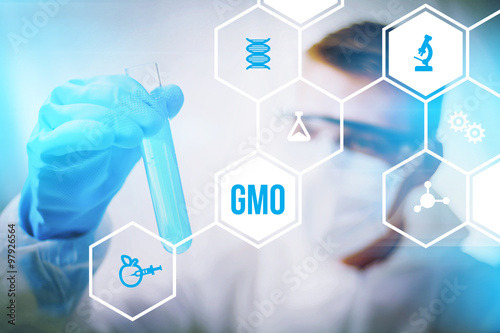 Foto GMO or Genetically modified organism research - design concept illustration