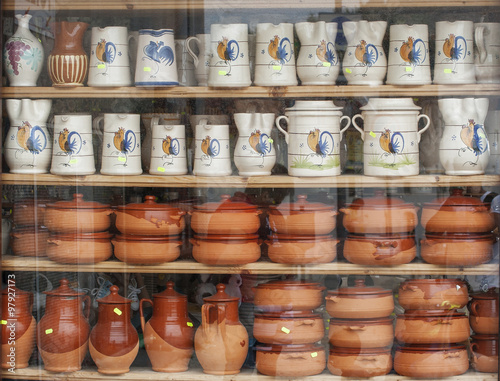 Sale of ceramic vases, plates, and glasses that are typical of gargano, Puglia, Italy.