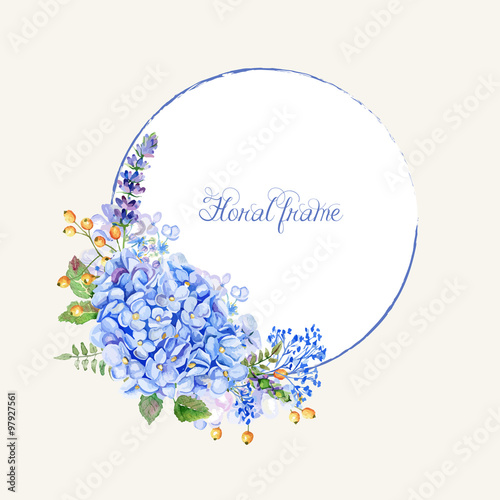 Vector round frame of blue hydrangea and other flowers.