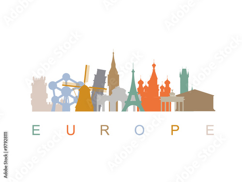 Ilustración de vector del skyline de Europa realizado con siluetas de monumentos famosos. photo