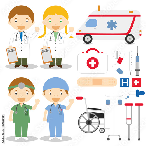 Ilustración de vector de medicos y enfermeras con ambulacia y grupo de objetos e iconos de la salud (termometro, pastillas, botiquin, silla de ruedas, jeringuilla, tirita, suero y muletas).