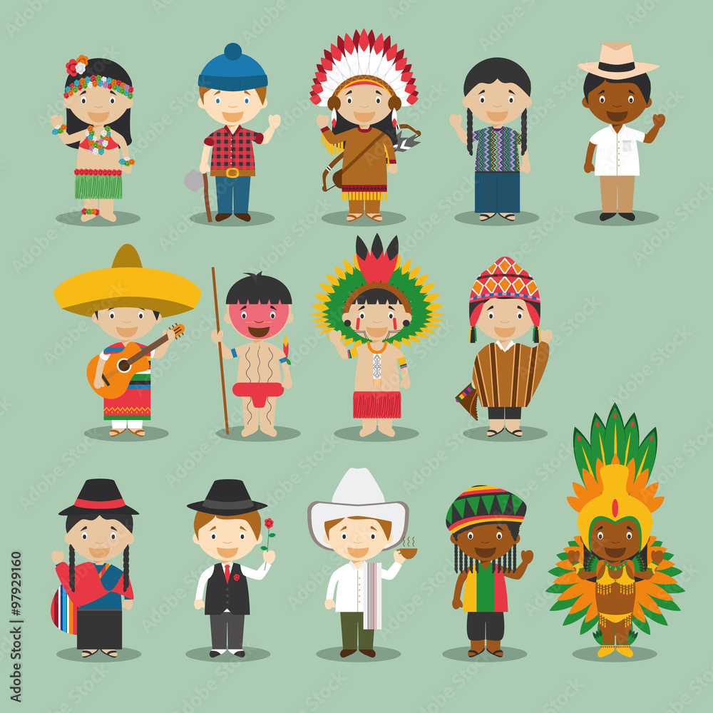 Ilustración de vector Niños y nacionalidades del mundo Set 3: Amércia.  Grupo de 14 personajes vestidos a la manera tradicional de sus respectivos  países vector de Stock | Adobe Stock