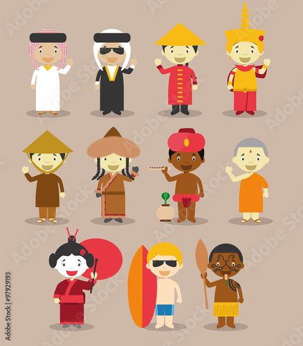 Ilustración de vector Niños y nacionalidades del mundo Set 4: Asia y Australia/Oceanía. Grupo de 11 personajes vestidos a la manera tradicional de sus respectivos países photo