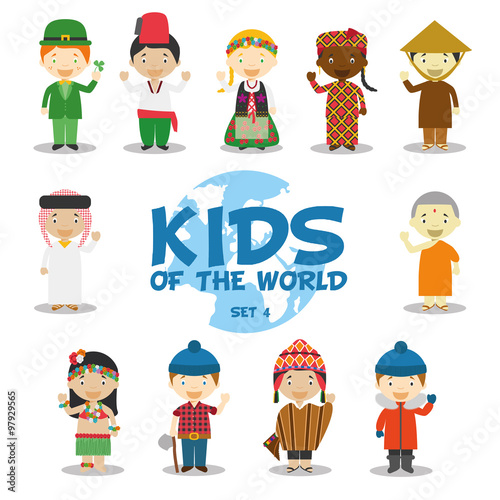 Niños del mundo: Nacionalidades Set 4. Grupo de 11 personajes vestidos a la manera tradicional de sus respectivos países. Ilustración de vector. photo