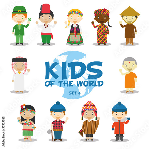 Niños del mundo: Nacionalidades Set 4. Grupo de 11 personajes vestidos a la manera tradicional de sus respectivos países. Ilustración de vector.