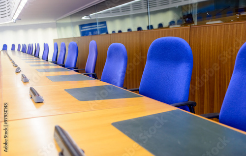 Rows of seats in the European Court of Human Rights in Strasbourg