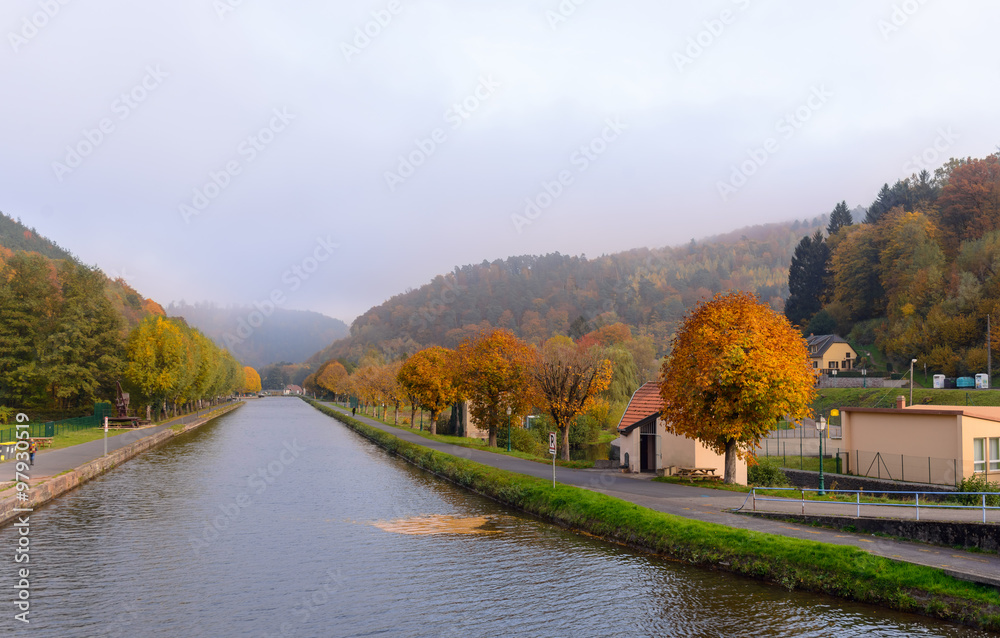 Houses near the river in the wood an autumn landscape