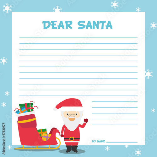 Plantilla de Carta a Papá Noel en inglés para la Navidad, con personajes infantiles para niños. Ilustración de vector.