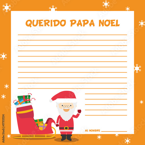 Plantilla de Carta a Papá Noel en español para la Navidad, con personajes infantiles para niños. Ilustración de vector.