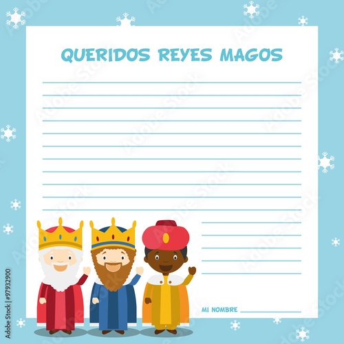 Platilla para carta a los Reyes Magos de Oriente en Navidad, con personajes infantiles para niños y Melchor, Gaspar y Baltasar. Ilustración de vector. Texto en español.