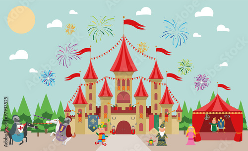 Castillo medieval con personajes infantiles (rey, princesa, mago, caballeros y bufón) y fuegos artificiales. Ilustración de vector.