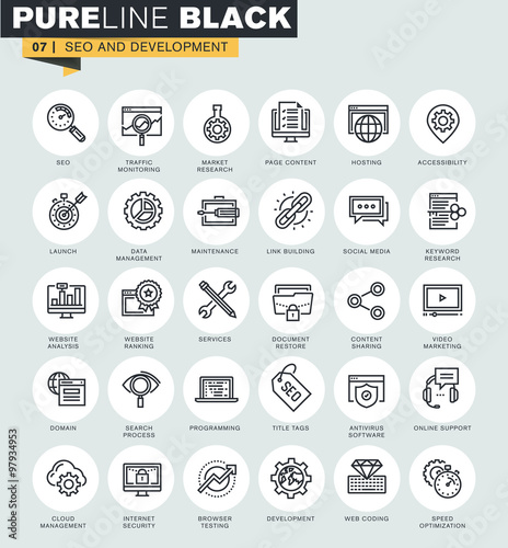 Set of thin line web icons of SEO and development. Premium quality icons for website, mobile website and app design.