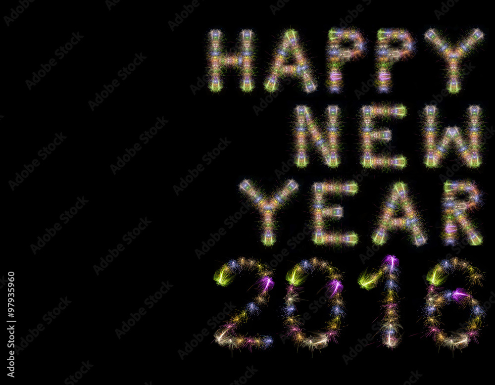 Happy New Year 2016 colorful sparkling fireworks horizontal blac