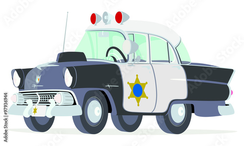 Caricatura Ford Mainline Town Sedan 1955 policía negro y blanco USA vista frontal y lateral