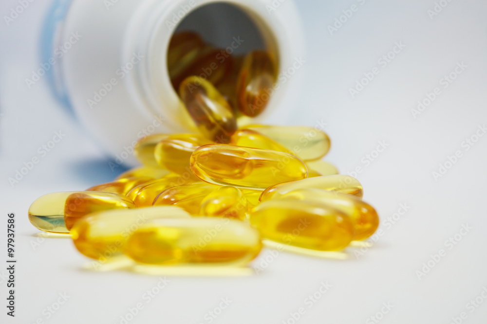 Fish oil capsules and container Fish oil capsules and container