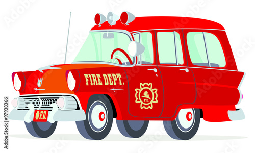 Caricatura Ford Mainline Country Sedan Station Wagon 1955 jefe bomberos rojo vista frontal y lateral