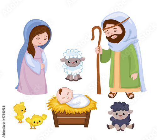 Cartoon nativity scene with holy family