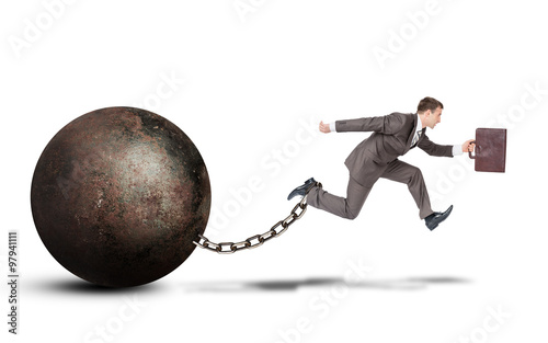Young businessman jumping over gap on white