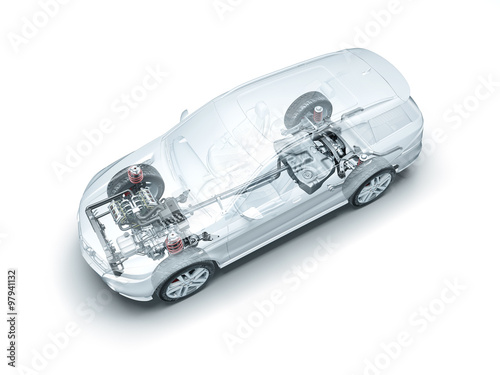 Transparente Auto mit dem Motor, Getriebe und Fahrwerk Stock-Illustration