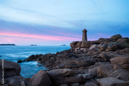 Le phare de Mean Ruz, Ploumanach, Bretagne, France at sunset