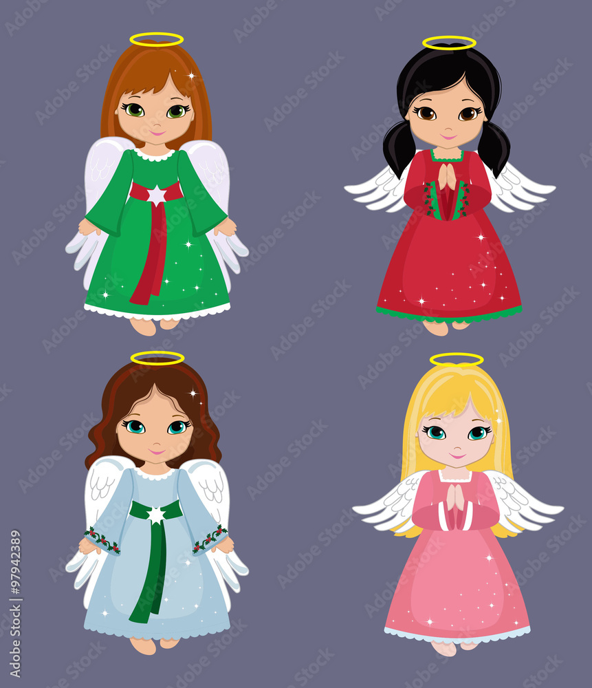 Collection of christmas angels. Vector illustration.