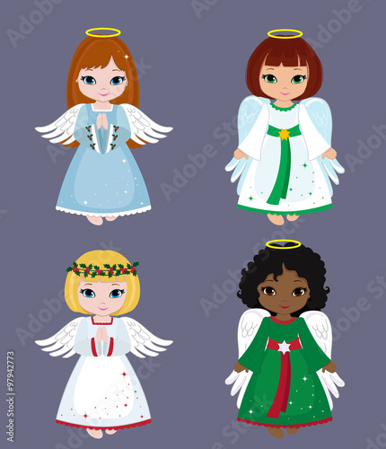 Collection of christmas angels. Vector illustration.