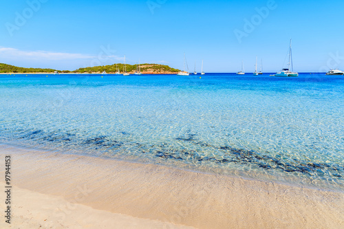 Azure sea water of sandy Santa Giulia beach, Corsica island, France
