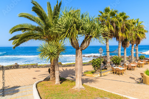 Palm trees and restaurant tables on coastal promenade in Puerto de la Cruz town, Tenerife, Canary Islands, Spain
