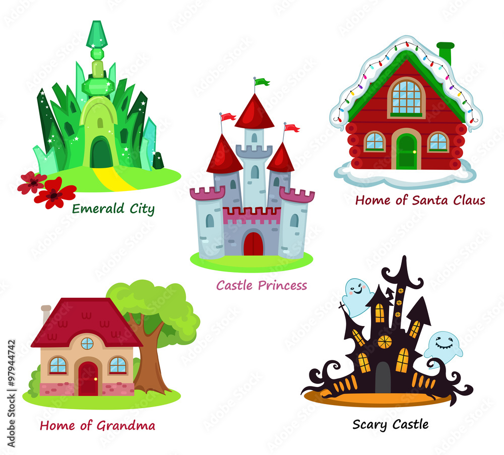 collection of fairy houses isolated on white background.