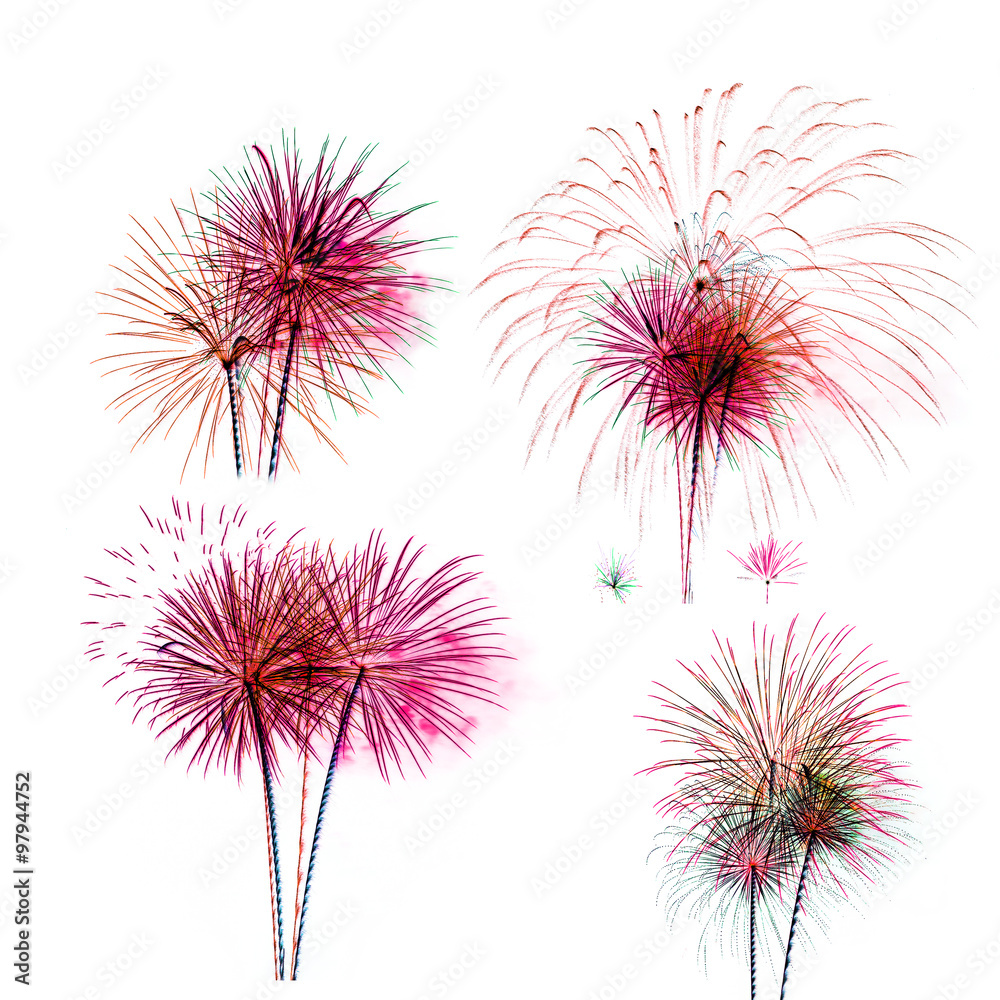 Obraz premium Set of colorful fireworks light on white background