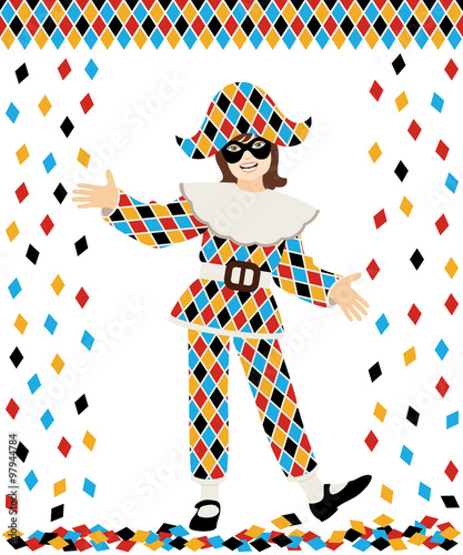 Girl with Harlequin costume and confetti on white background photo