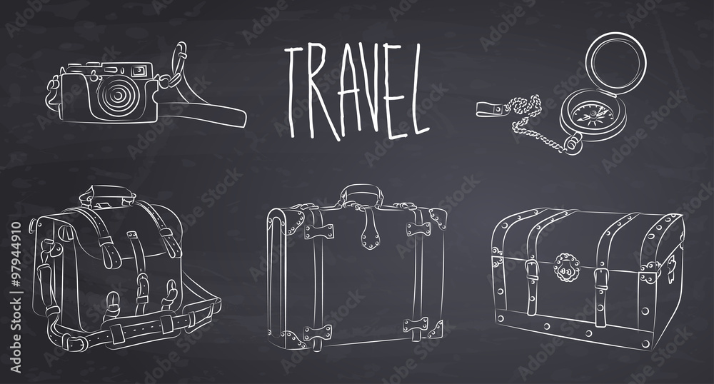 Fototapeta premium Hand drawn old suitcase, travel bag, chest, compass and camera onthe chalkboard. Vector illustration.