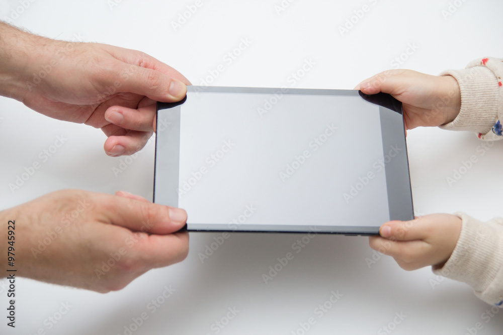 Father and his child can not share the tablet. Father and his child can not share the tablet.
