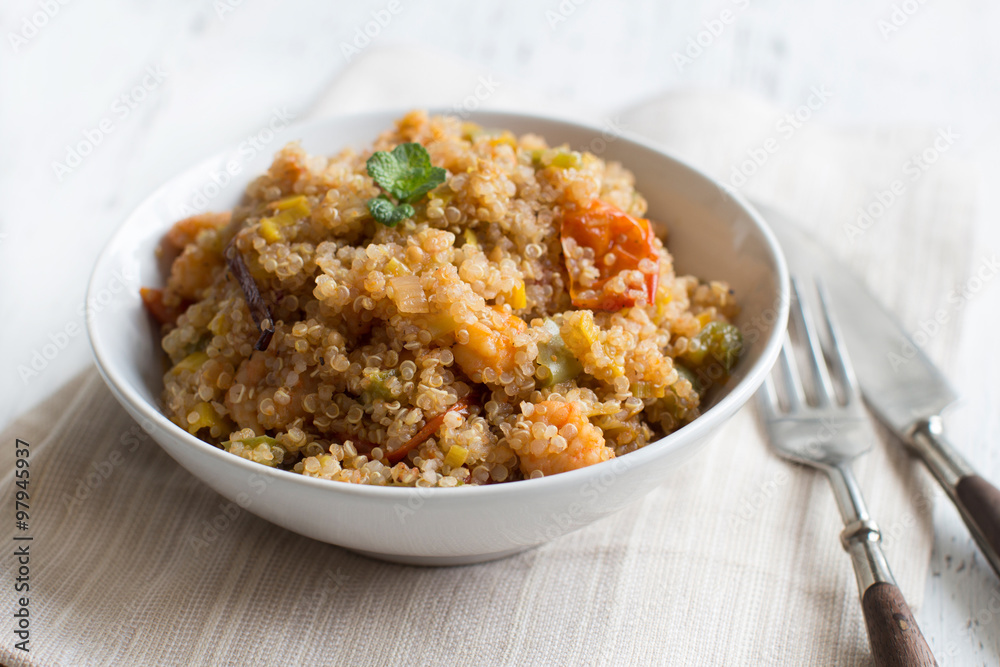 Cooked Quinoa with vegetables and shrimps Cooked Quinoa with vegetables and shrimps