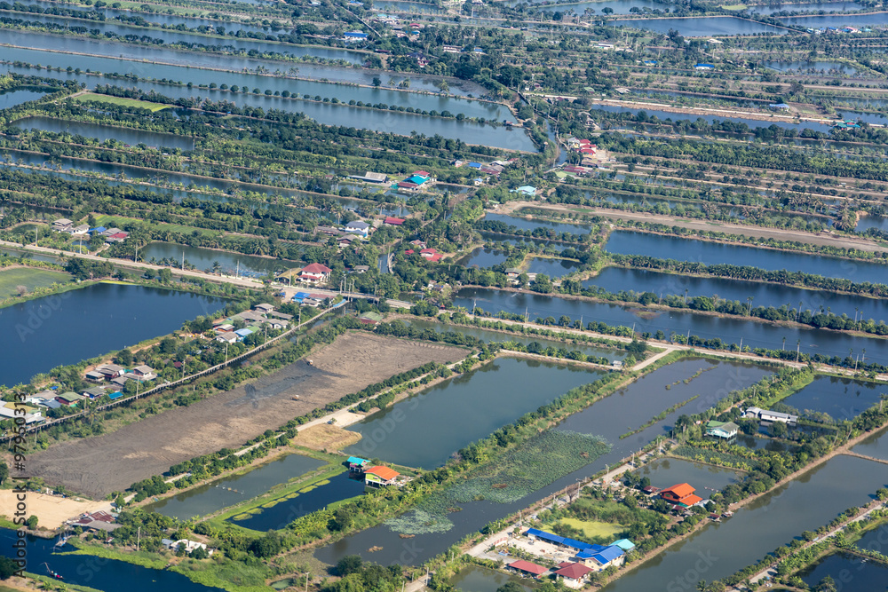 Water ponds in suburbs of Bangkok. Aerial view.