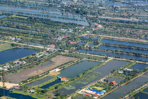 Water ponds in suburbs of Bangkok. Aerial view.