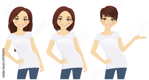 Set of cute girls with different hairstyles in white T-shirts